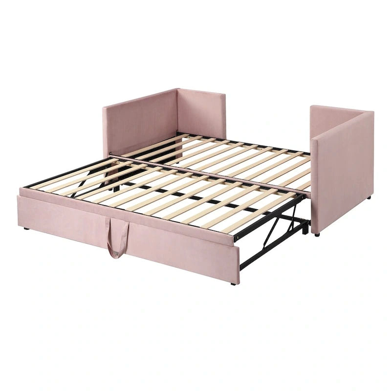 Lit de repos double avec lit gigogne escamotable, extensible en très grand lit, revêtement en velours, dossier et accoudoirs, style moderne, rose / beige / gris, 2 personnes