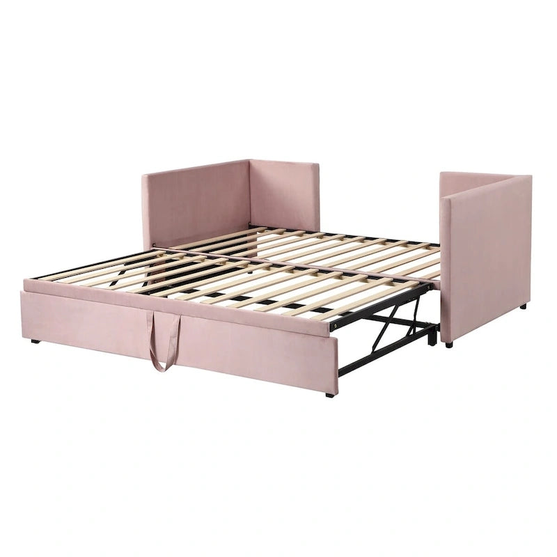Lit de repos double avec lit gigogne escamotable, extensible en très grand lit, revêtement en velours, dossier et accoudoirs, style moderne, rose / beige / gris, 2 personnes