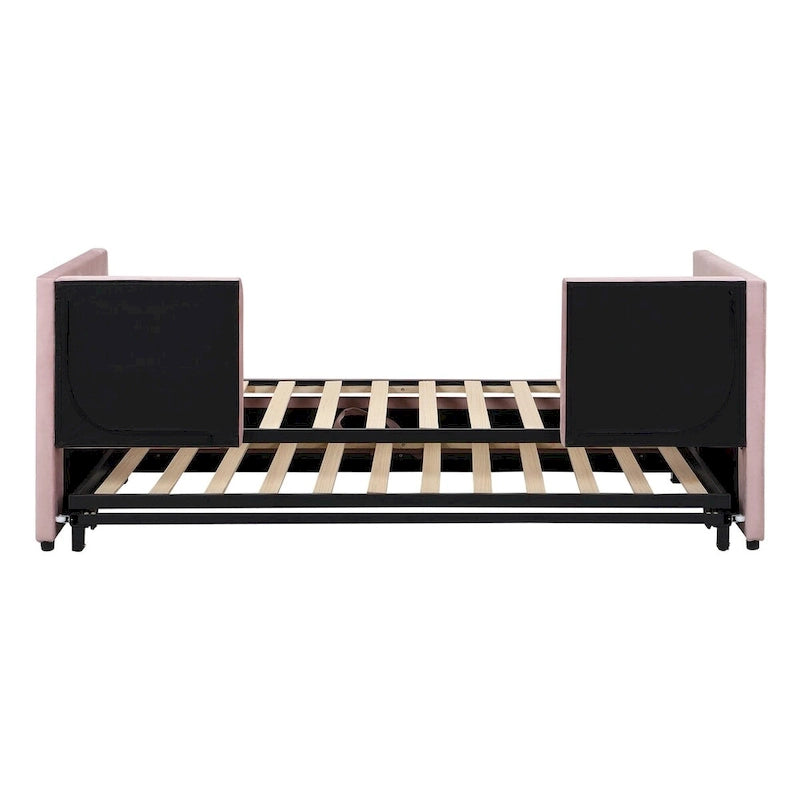 Lit de repos double avec lit gigogne escamotable, extensible en très grand lit, revêtement en velours, dossier et accoudoirs, style moderne, rose / beige / gris, 2 personnes