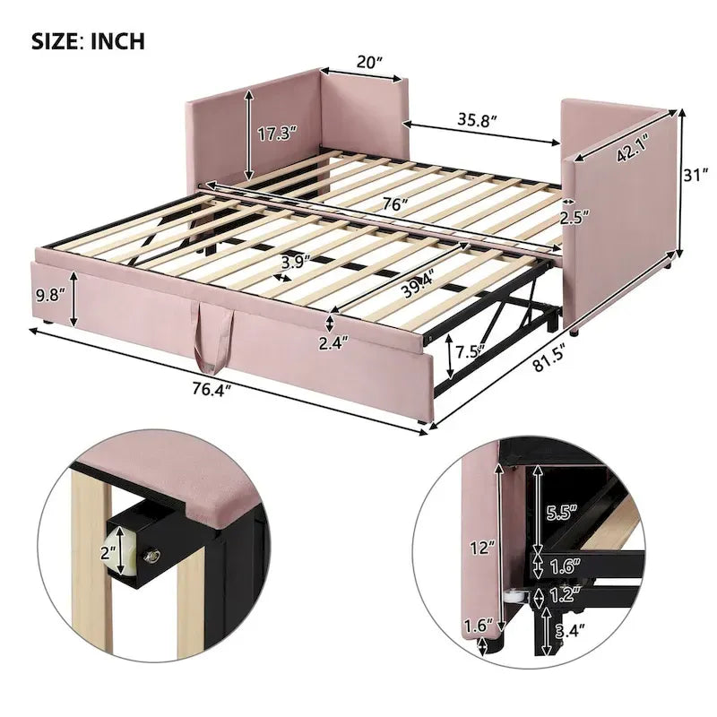 Lit de repos double avec lit gigogne escamotable, extensible en très grand lit, revêtement en velours, dossier et accoudoirs, style moderne, rose / beige / gris, 2 personnes