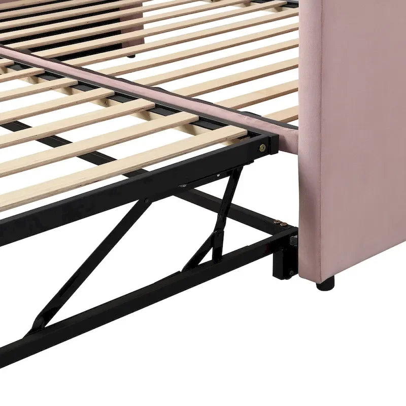 Lit de repos double avec lit gigogne escamotable, extensible en très grand lit, revêtement en velours, dossier et accoudoirs, style moderne, rose / beige / gris, 2 personnes