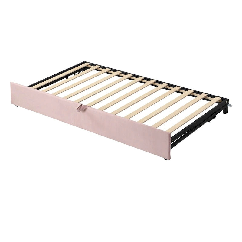 Lit de repos double avec lit gigogne escamotable, extensible en très grand lit, revêtement en velours, dossier et accoudoirs, style moderne, rose / beige / gris, 2 personnes