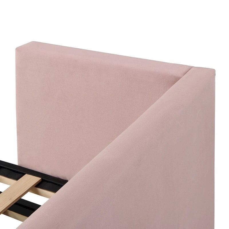 Lit de repos double avec lit gigogne escamotable, extensible en très grand lit, revêtement en velours, dossier et accoudoirs, style moderne, rose / beige / gris, 2 personnes