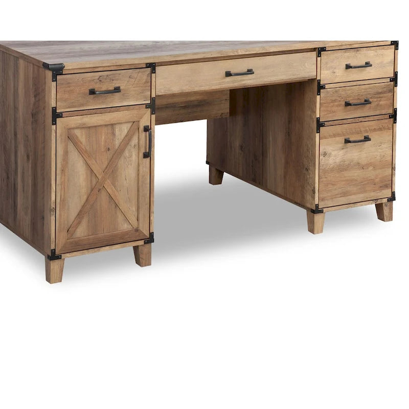 Bureau piédestal de ferme, porte d'armoire en X, tiroir classeur, tablette à clavier, gestion des câbles, chêne rustique / noir, 1 personne