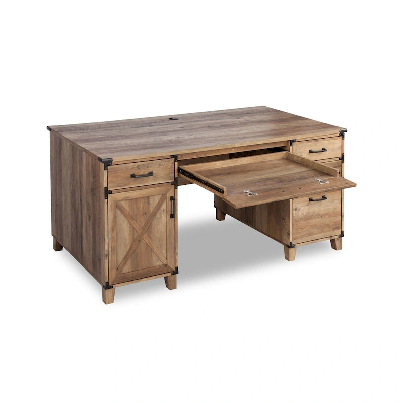 Bureau piédestal de ferme, porte d'armoire en X, tiroir classeur, tablette à clavier, gestion des câbles, chêne rustique / noir, 1 personne