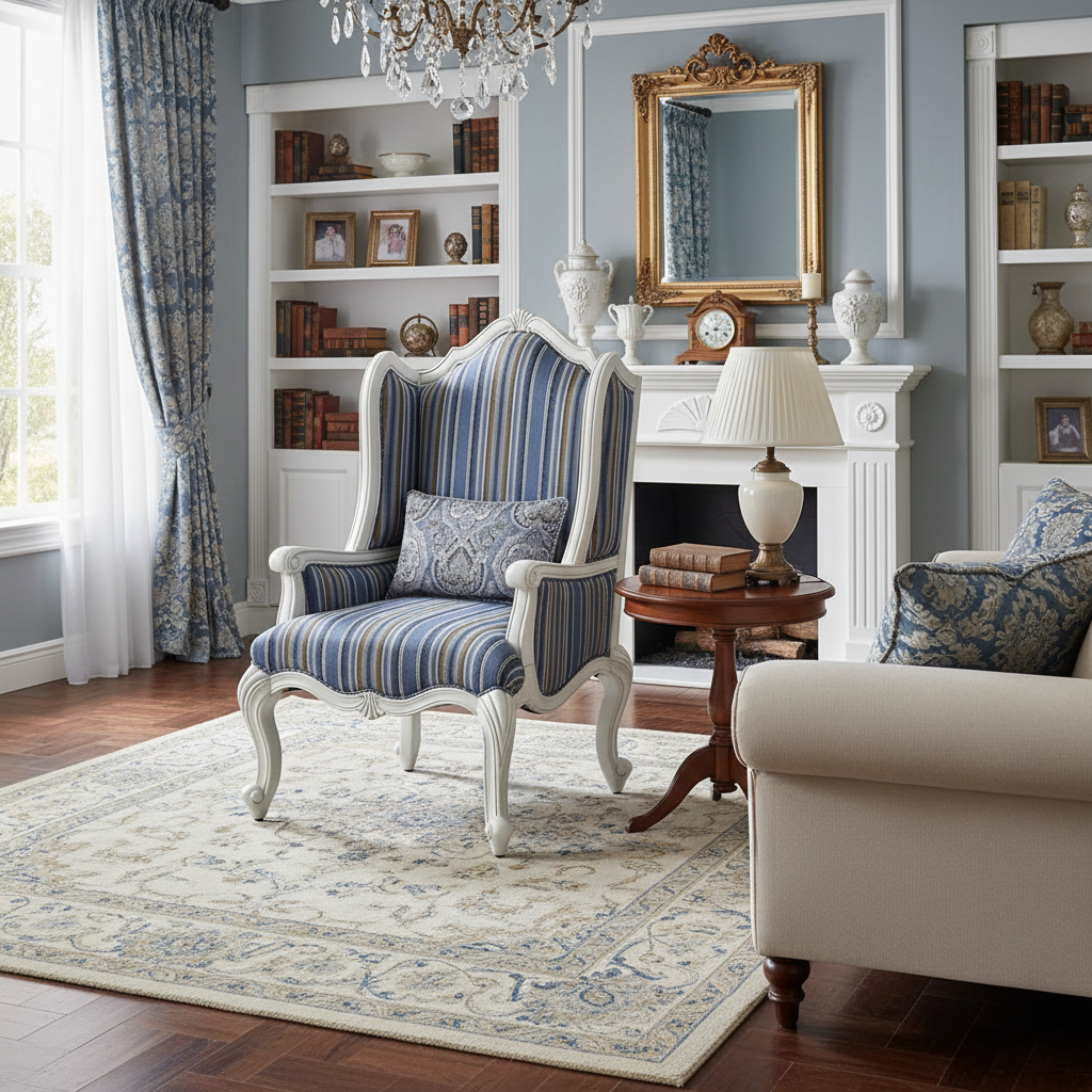 Fauteuil d'appoint à oreilles, Tissu rayé, Pieds Queen Anne, Accoudoirs roulés, Style traditionnel, Bleu, 1 place