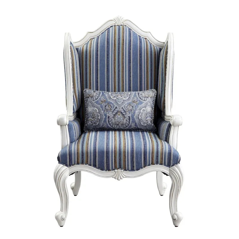 Fauteuil d'appoint à oreilles, Tissu rayé, Pieds Queen Anne, Accoudoirs roulés, Style traditionnel, Bleu, 1 place