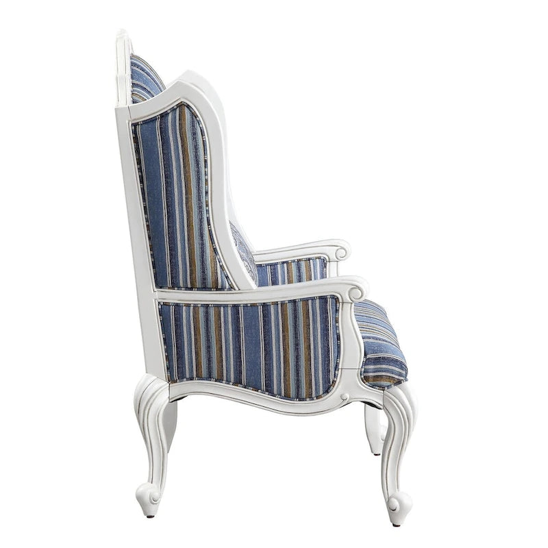 Fauteuil d'appoint à oreilles, Tissu rayé, Pieds Queen Anne, Accoudoirs roulés, Style traditionnel, Bleu, 1 place