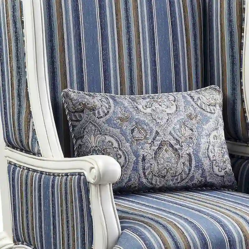 Fauteuil d'appoint à oreilles, Tissu rayé, Pieds Queen Anne, Accoudoirs roulés, Style traditionnel, Bleu, 1 place