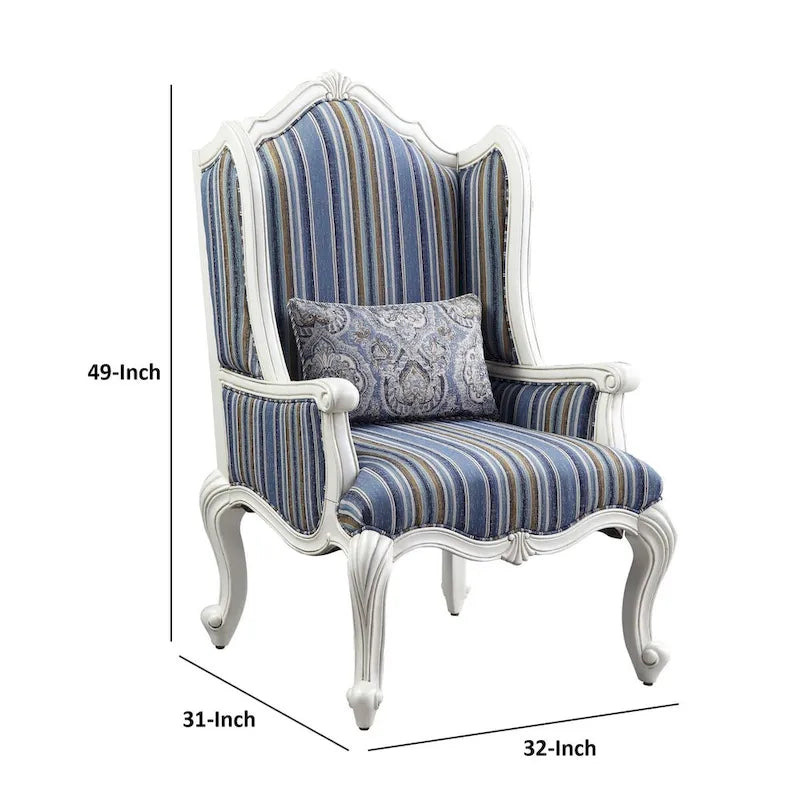 Fauteuil d'appoint à oreilles, Tissu rayé, Pieds Queen Anne, Accoudoirs roulés, Style traditionnel, Bleu, 1 place