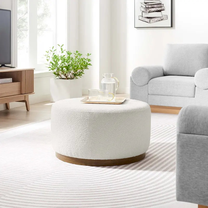 Pouf rond, velours de performance, passepoil français, base en bois d'hévéa, 3 tailles, 1 unité