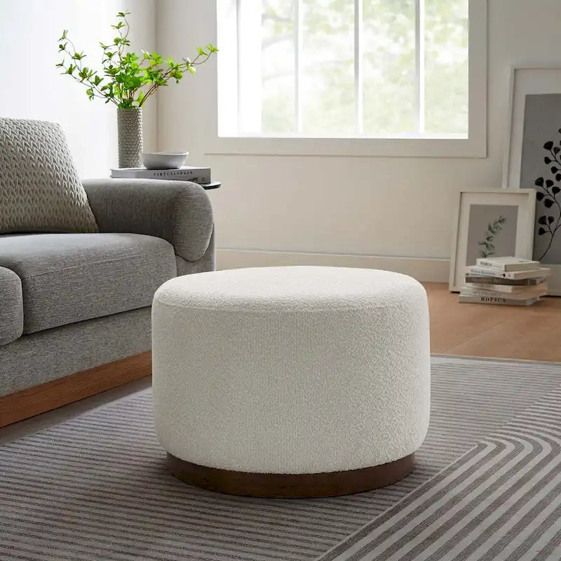 Pouf rond, velours de performance, passepoil français, base en bois d'hévéa, 3 tailles, 1 unité