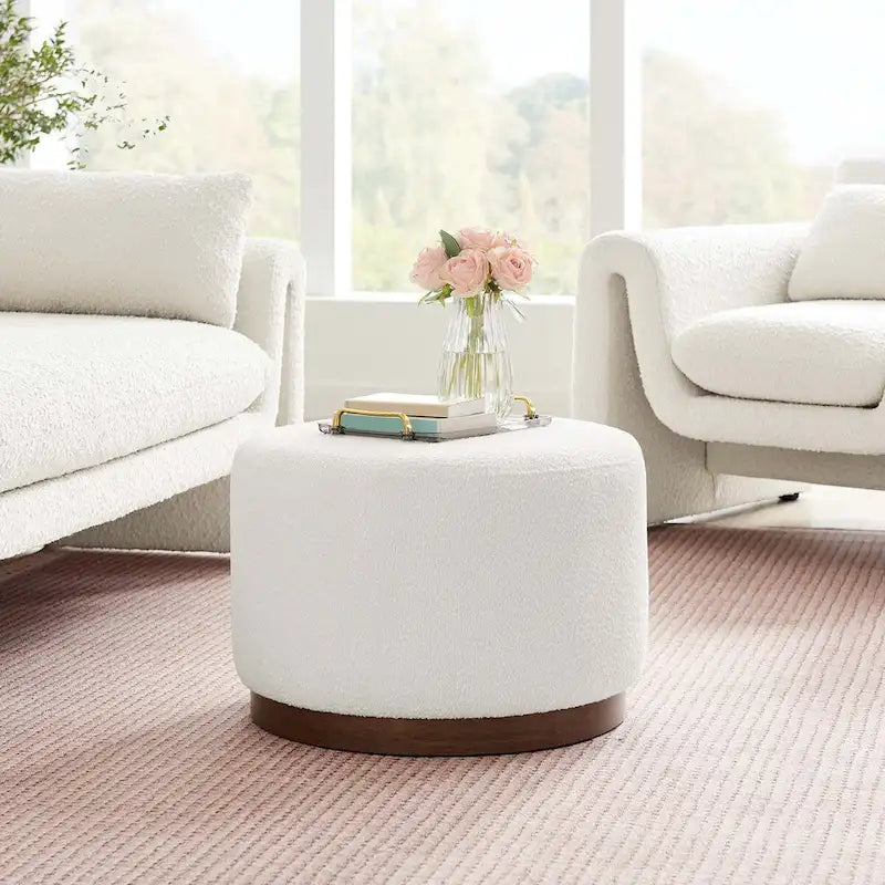 Pouf rond, velours de performance, passepoil français, base en bois d'hévéa, 3 tailles, 1 unité
