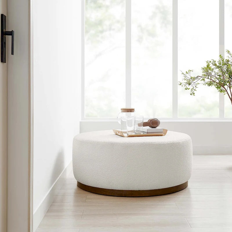 Pouf rond, velours de performance, passepoil français, base en bois d'hévéa, 3 tailles, 1 unité