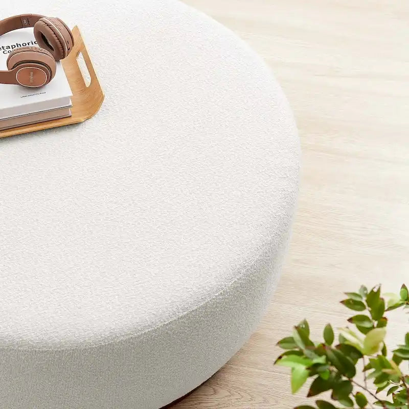 Pouf rond, velours de performance, passepoil français, base en bois d'hévéa, 3 tailles, 1 unité