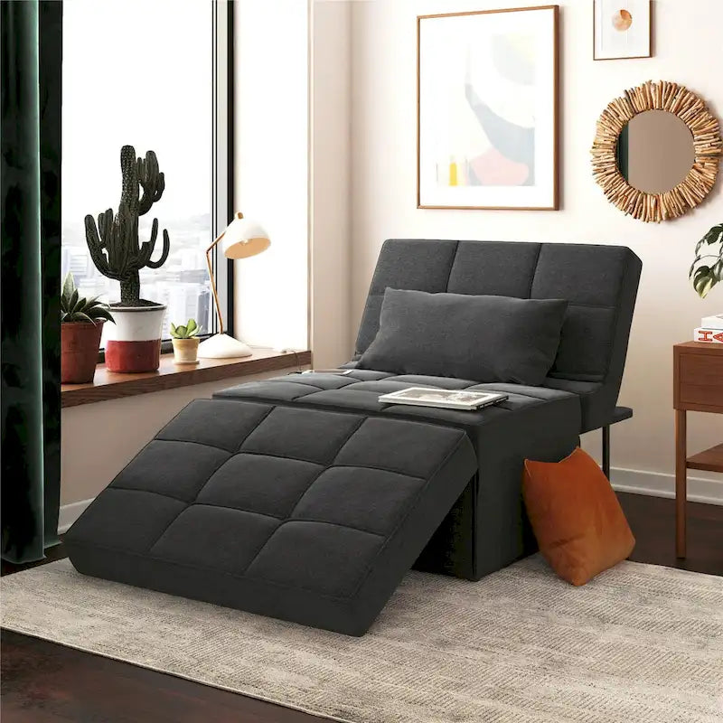 Fauteuil convertible 4-en-1, Canapé / Chaise longue / Ottoman / Lit, Tissu en lin, Cadre en métal, Lin gris / Lin bleu, 1 personne