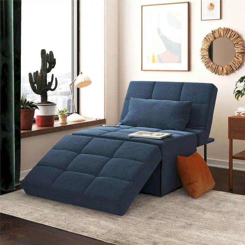 Fauteuil convertible 4-en-1, Canapé / Chaise longue / Ottoman / Lit, Tissu en lin, Cadre en métal, Lin gris / Lin bleu, 1 personne