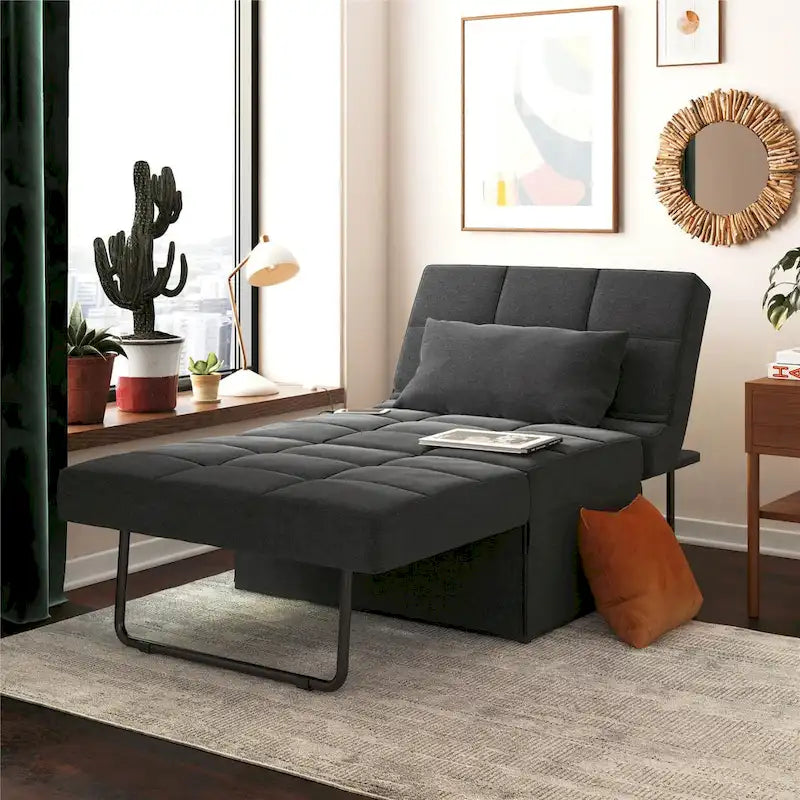Fauteuil convertible 4-en-1, Canapé / Chaise longue / Ottoman / Lit, Tissu en lin, Cadre en métal, Lin gris / Lin bleu, 1 personne