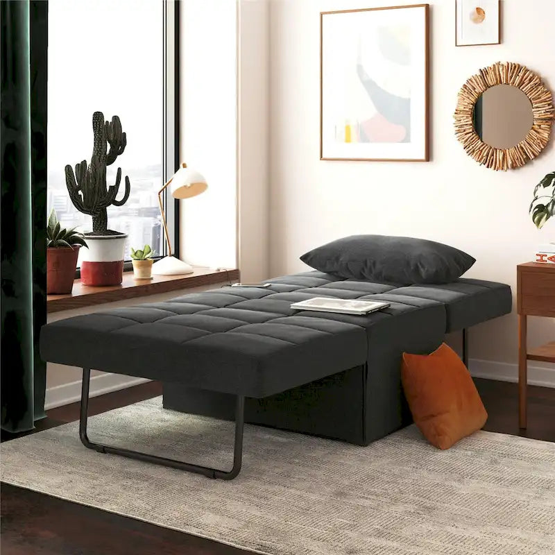 Fauteuil convertible 4-en-1, Canapé / Chaise longue / Ottoman / Lit, Tissu en lin, Cadre en métal, Lin gris / Lin bleu, 1 personne