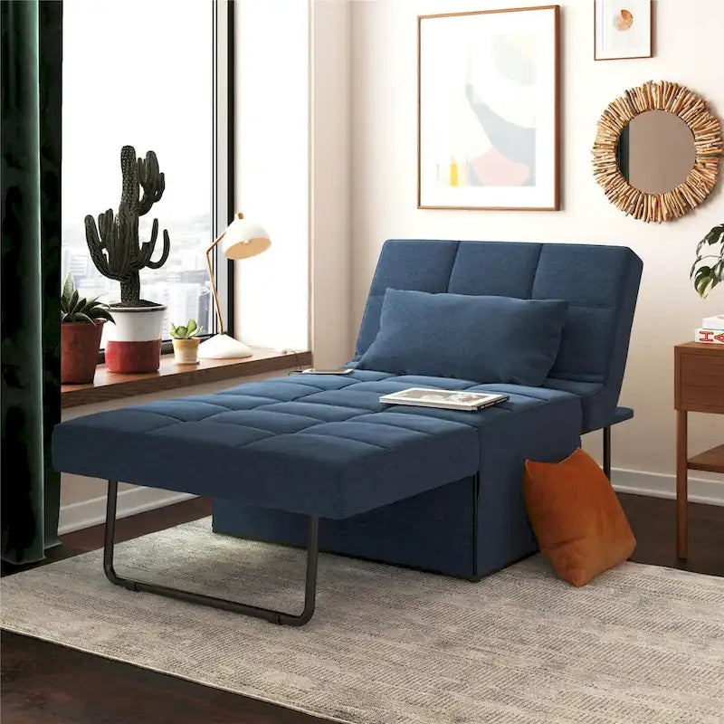 Fauteuil convertible 4-en-1, Canapé / Chaise longue / Ottoman / Lit, Tissu en lin, Cadre en métal, Lin gris / Lin bleu, 1 personne