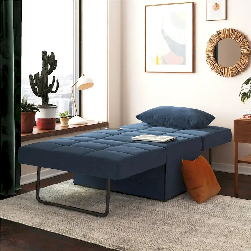 Fauteuil convertible 4-en-1, Canapé / Chaise longue / Ottoman / Lit, Tissu en lin, Cadre en métal, Lin gris / Lin bleu, 1 personne