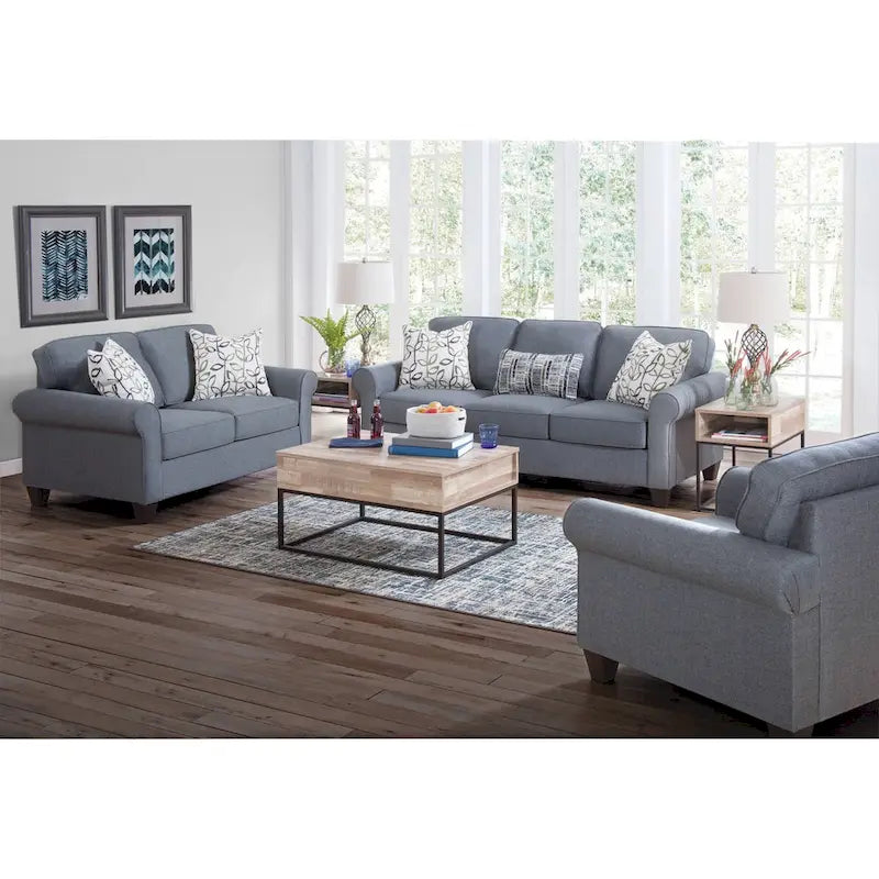 Canapé 3 places, accoudoirs ronds, tissu lin, style cottage, bleu, 3 personnes