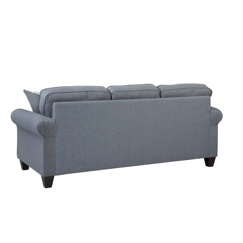 Canapé 3 places, accoudoirs ronds, tissu lin, style cottage, bleu, 3 personnes