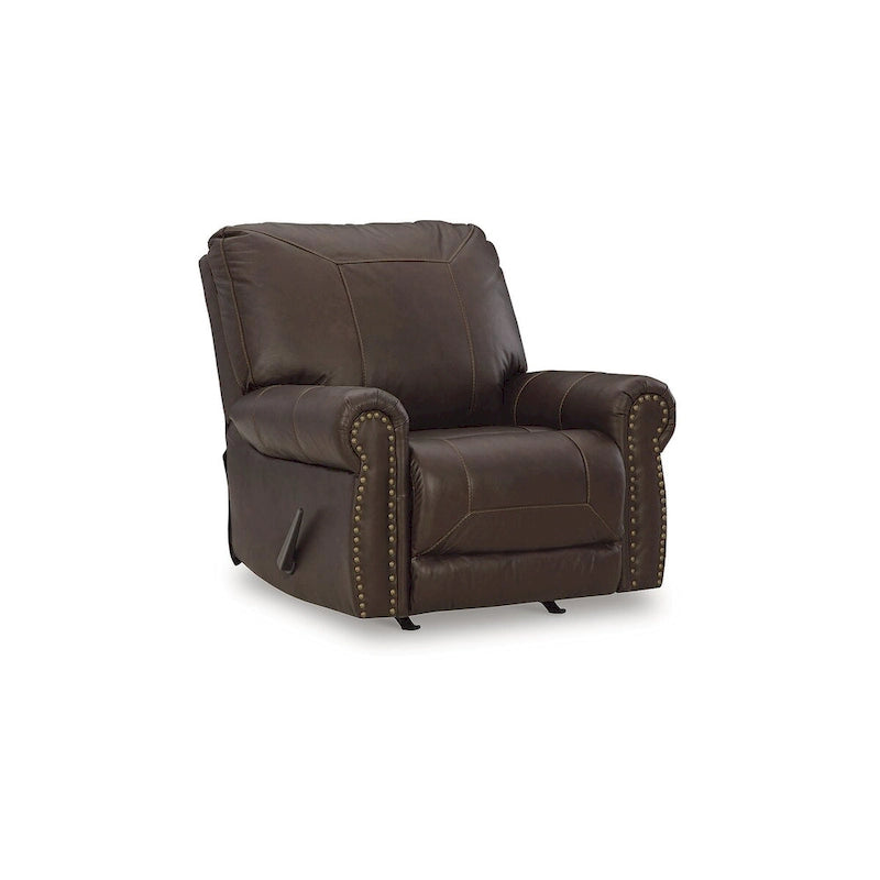 Fauteuil inclinable, accoudoirs roulés, garniture cloutée, cuir et similicuir, style traditionnel, marron foncé, 1 personne