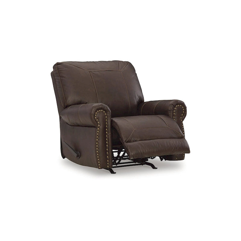 Fauteuil inclinable, accoudoirs roulés, garniture cloutée, cuir et similicuir, style traditionnel, marron foncé, 1 personne