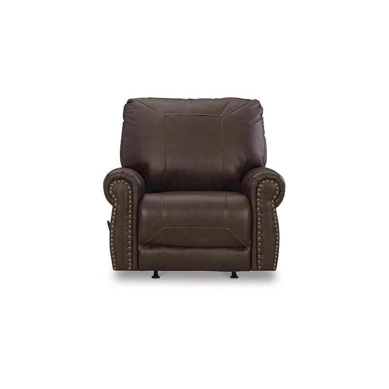 Fauteuil inclinable, accoudoirs roulés, garniture cloutée, cuir et similicuir, style traditionnel, marron foncé, 1 personne