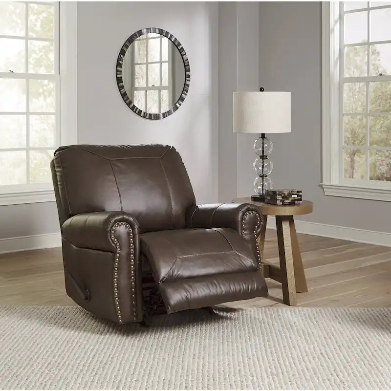 Fauteuil inclinable, accoudoirs roulés, garniture cloutée, cuir et similicuir, style traditionnel, marron foncé, 1 personne