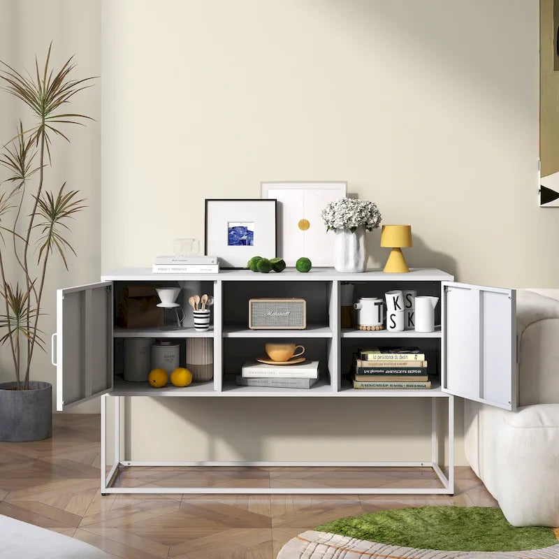 Armoire de rangement métallique, 6 compartiments, pieds hauts, fermeture magnétique, style moderne, noir/blanc, 1 unité