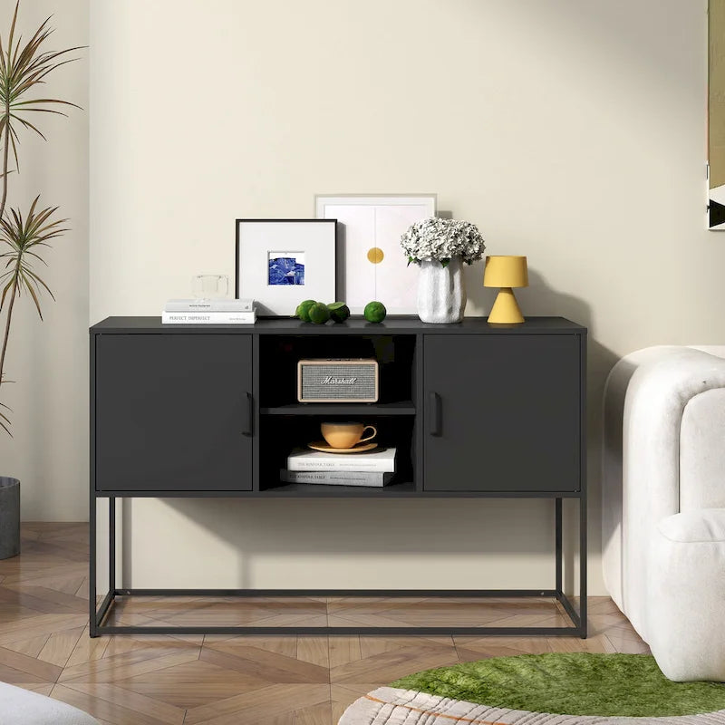 Armoire de rangement métallique, 6 compartiments, pieds hauts, fermeture magnétique, style moderne, noir/blanc, 1 unité