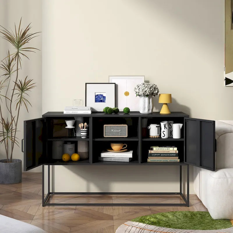 Armoire de rangement métallique, 6 compartiments, pieds hauts, fermeture magnétique, style moderne, noir/blanc, 1 unité
