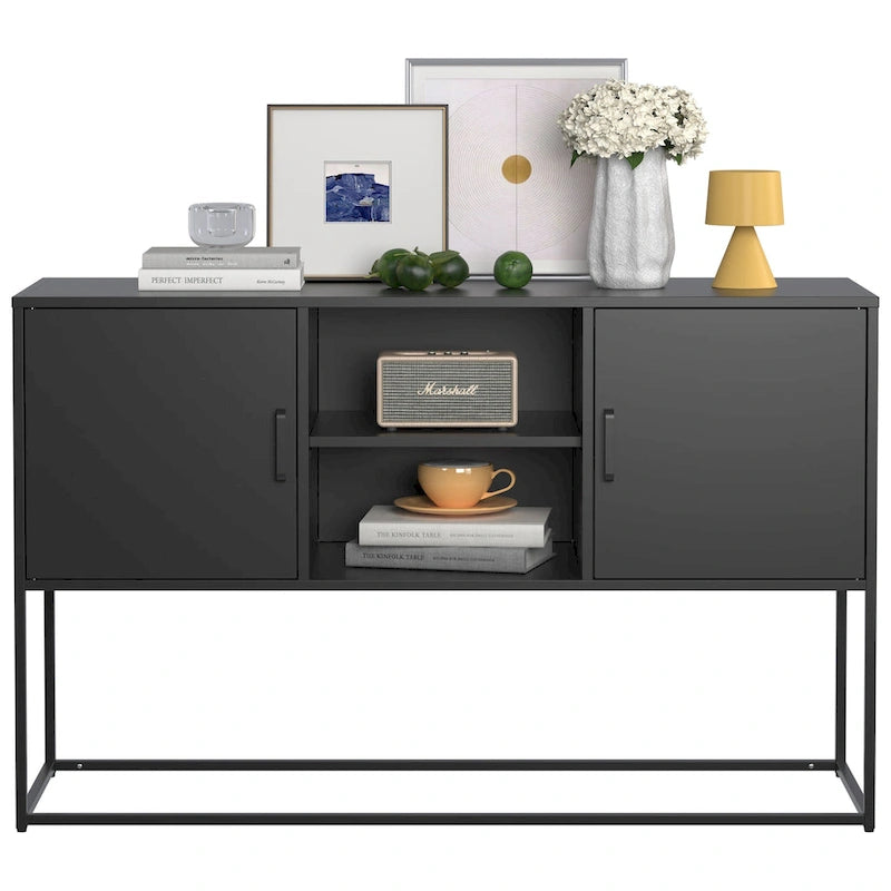Armoire de rangement métallique, 6 compartiments, pieds hauts, fermeture magnétique, style moderne, noir/blanc, 1 unité