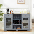 Buffet bar, 2 tiroirs, 2 armoires à portes vitrées, porte-verres à vin, 8 emplacements pour bouteilles, gestion des câbles, style moderne, bleu clair / chêne clair, 1 unité