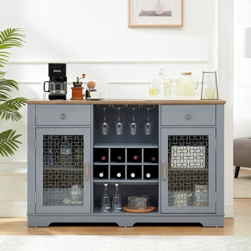 Buffet bar, 2 tiroirs, 2 armoires à portes vitrées, porte-verres à vin, 8 emplacements pour bouteilles, gestion des câbles, style moderne, bleu clair / chêne clair, 1 unité