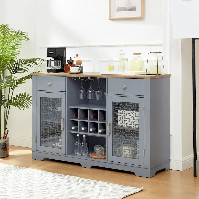 Buffet bar, 2 tiroirs, 2 armoires à portes vitrées, porte-verres à vin, 8 emplacements pour bouteilles, gestion des câbles, style moderne, bleu clair / chêne clair, 1 unité