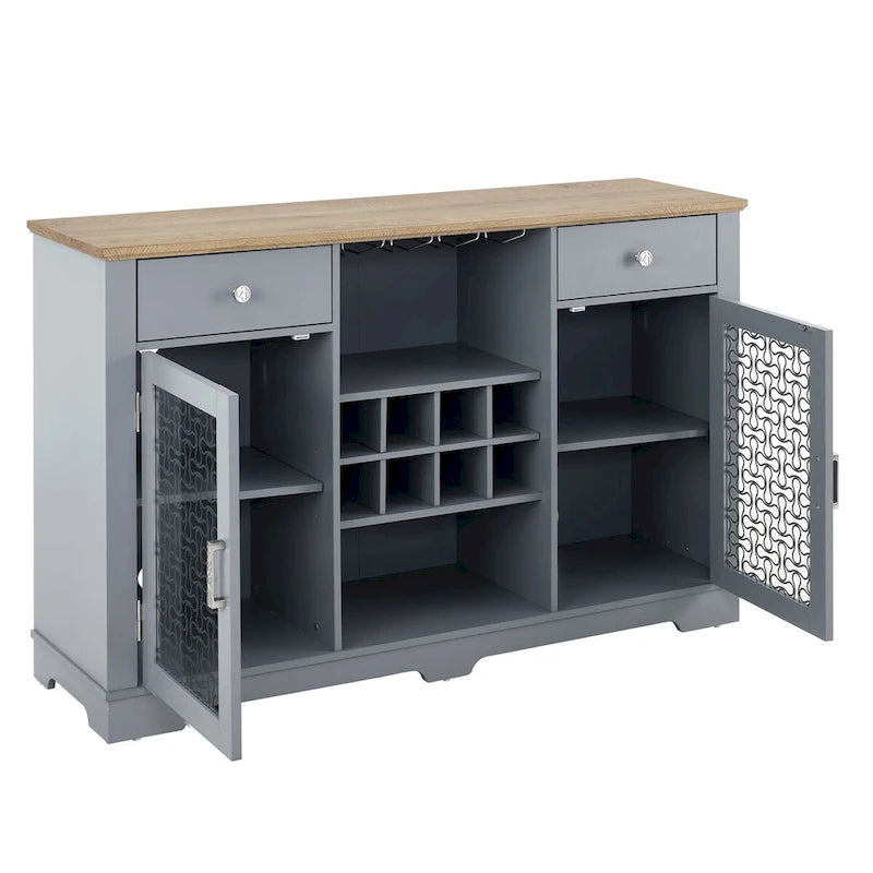 Buffet bar, 2 tiroirs, 2 armoires à portes vitrées, porte-verres à vin, 8 emplacements pour bouteilles, gestion des câbles, style moderne, bleu clair / chêne clair, 1 unité