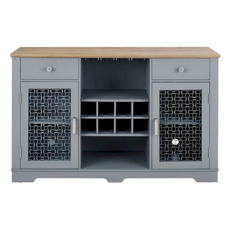 Buffet bar, 2 tiroirs, 2 armoires à portes vitrées, porte-verres à vin, 8 emplacements pour bouteilles, gestion des câbles, style moderne, bleu clair / chêne clair, 1 unité