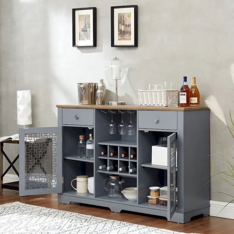 Buffet bar, 2 tiroirs, 2 armoires à portes vitrées, porte-verres à vin, 8 emplacements pour bouteilles, gestion des câbles, style moderne, bleu clair / chêne clair, 1 unité
