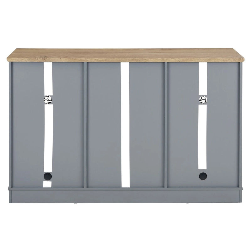Buffet bar, 2 tiroirs, 2 armoires à portes vitrées, porte-verres à vin, 8 emplacements pour bouteilles, gestion des câbles, style moderne, bleu clair / chêne clair, 1 unité