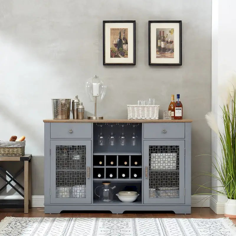 Buffet bar, 2 tiroirs, 2 armoires à portes vitrées, porte-verres à vin, 8 emplacements pour bouteilles, gestion des câbles, style moderne, bleu clair / chêne clair, 1 unité