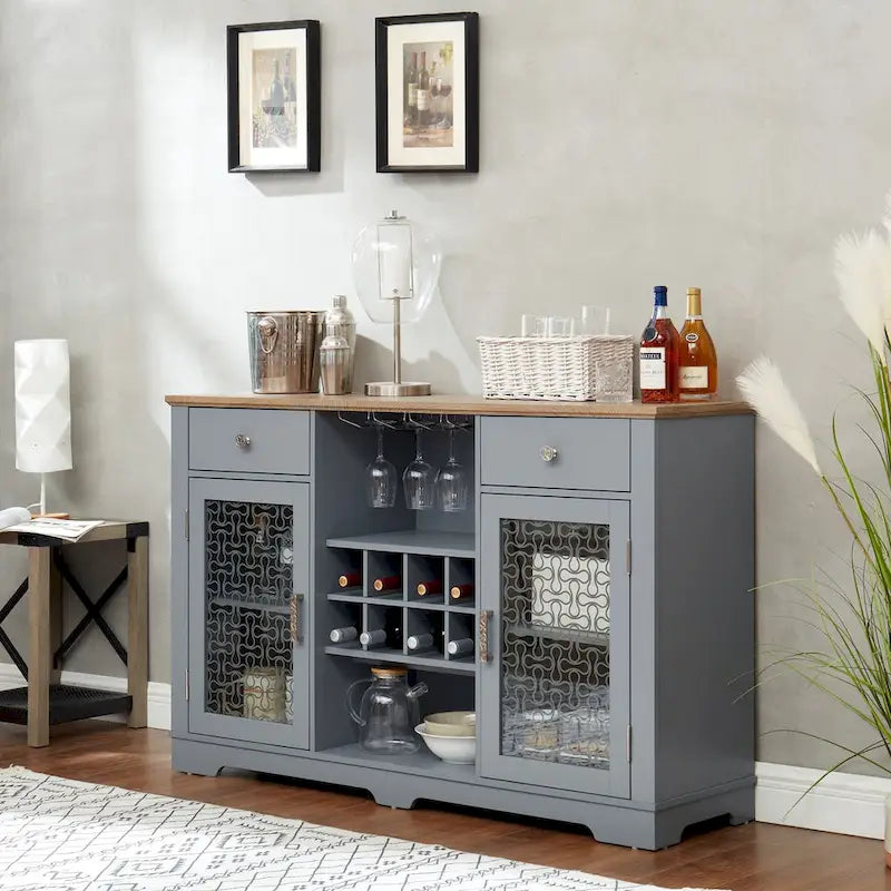 Buffet bar, 2 tiroirs, 2 armoires à portes vitrées, porte-verres à vin, 8 emplacements pour bouteilles, gestion des câbles, style moderne, bleu clair / chêne clair, 1 unité