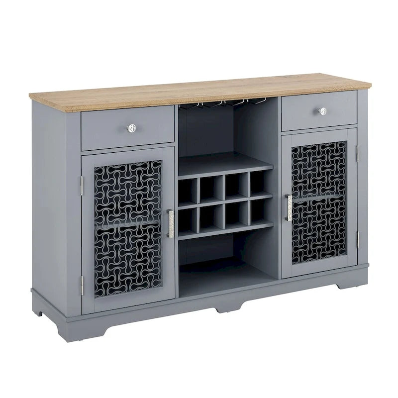 Buffet bar, 2 tiroirs, 2 armoires à portes vitrées, porte-verres à vin, 8 emplacements pour bouteilles, gestion des câbles, style moderne, bleu clair / chêne clair, 1 unité