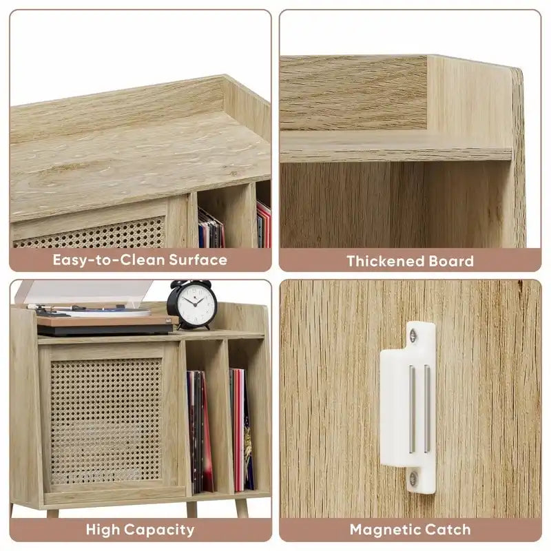 Meuble pour platine vinyle, style rotin, présentoir rabattable, 2 séparateurs, naturel, 1 unité