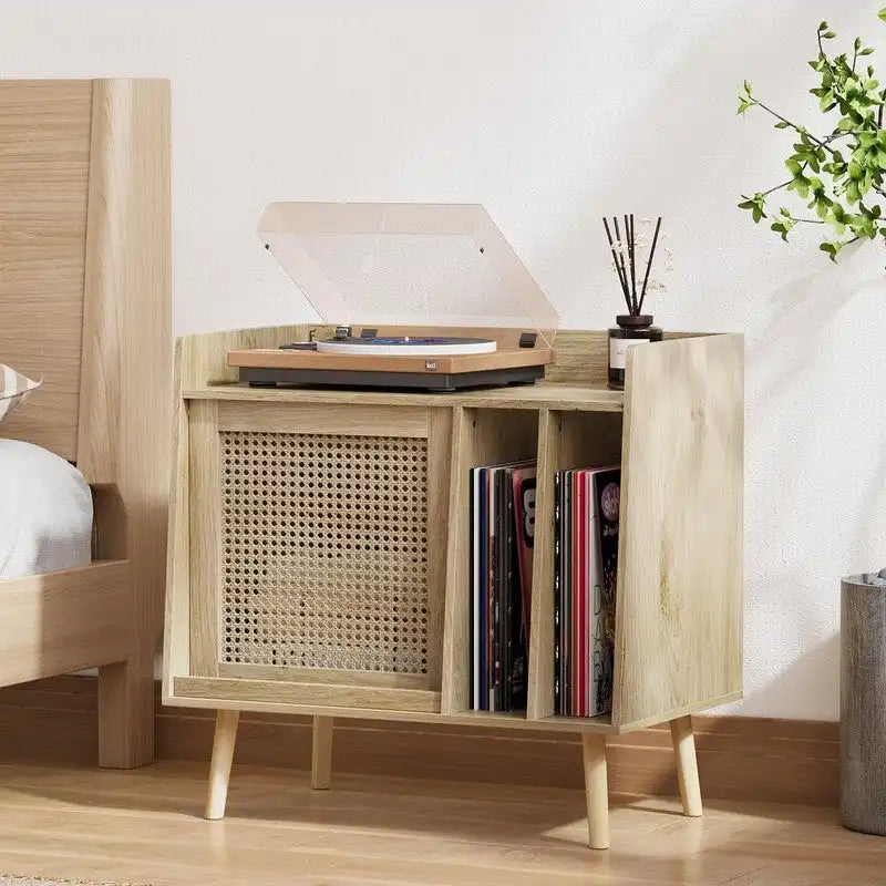 Meuble pour platine vinyle, style rotin, présentoir rabattable, 2 séparateurs, naturel, 1 unité