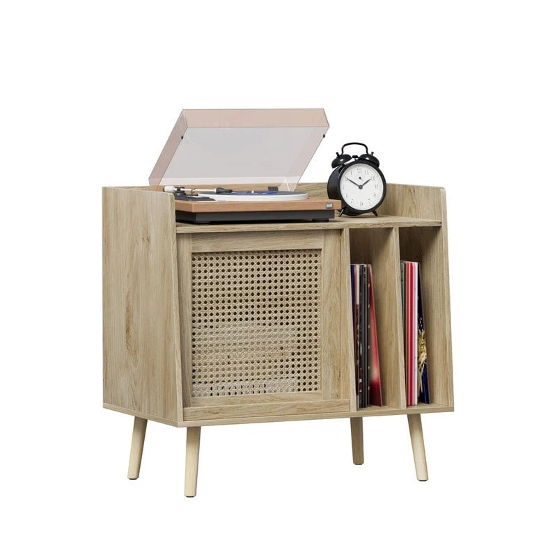 Meuble pour platine vinyle, style rotin, présentoir rabattable, 2 séparateurs, naturel, 1 unité