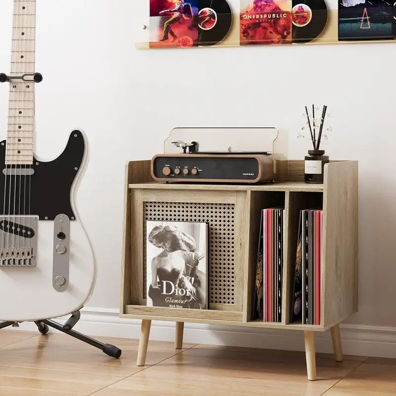 Meuble pour platine vinyle, style rotin, présentoir rabattable, 2 séparateurs, naturel, 1 unité