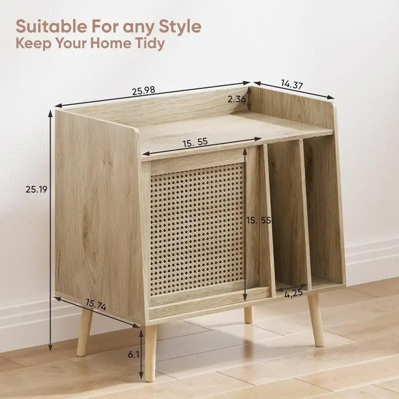 Meuble pour platine vinyle, style rotin, présentoir rabattable, 2 séparateurs, naturel, 1 unité